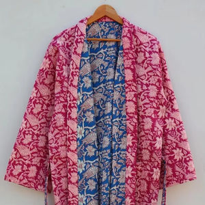 Hecho a mano indio acolchado bloque estampado Reversible Kantha Robe estilo Kimono japonés chaqueta de invierno multicolor cinturón de corbata Casual - Product Image 1