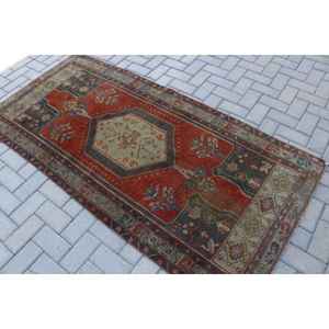 Alfombra Turca Vintage, Alfombra Decorativa de 3.3x6.8 pies, Alfombra con Diseño de Parches Rojos y Azules - Product Image 4