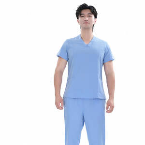 Ensemble de blouses médicales unisexes bleues en tissu TR extensible à manches courtes, avec logo personnalisé, style OEM, pour infirmières musulmanes - Product Image 1