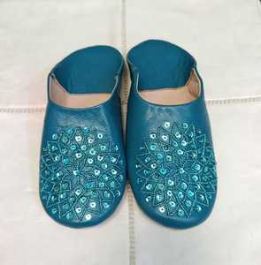 Wholesale Teal Blue Sequin Moroccan Leather Babouche Slippers Beaded Oriental Mules Round Toe House <b>Shoes</b> multiple colors - Product Image 1