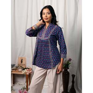 Blusa de Algodón Azul para Mujer, Estampada a Mano, con Cuello Asimétrico y Bordado Floral, Tallas XS a XL, para Oficina - Product Image 6