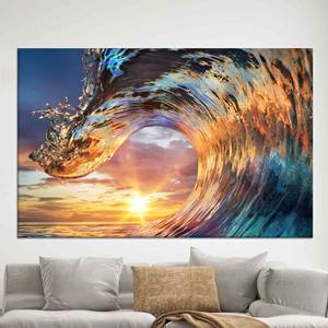 Obra de arte impresa en lienzo: Decoración de pared con paisaje marino y olas al atardecer, marco dorado, lienzo estirado - Product Image 1