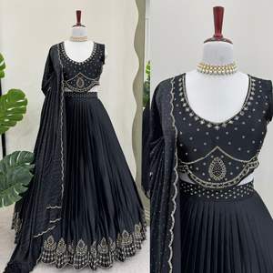Ropa DDM Semicosida para mujer Satén malayo Seda Lehenga Choli Bordado Trabajo con Dupatta Exportado de India - Product Image 5
