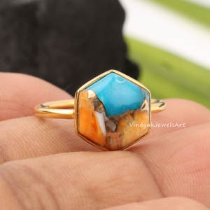 Natural Oyster Copper <b>Turquoise</b> <b>Ring</b> 925 Sterling Silver Bohemian Jewelry Eternity Vermeil 18K Micron <b>Gold</b> Plated Bezel Setting - Product Image 2