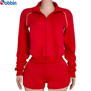 Ensembles de survêtements personnalisés pour femmes, couleurs contrastées, logo personnalisé, en coton, vestes à manches longues avec shorts - Product Image 3