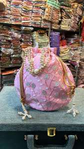 Designer Bottom Flat Ethnic Jaipuri Silk Indian Wedding Thread Work Leaf Vein Design on Silk <b>Potli</b> Wedding Favour Gift - Product Image 2