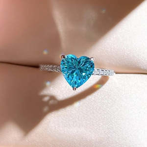 NOVAMART Fine Hallmark <b>Silver</b> Women's <b>Ring</b> Premium Aqua Blue Heart Prong <b>Set</b> Inlay Romantic Vintage 18K Gold Plating Trendy - Product Image 2