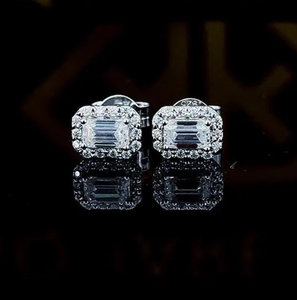 Halo <b>Emerald</b> Cut Moissanite Earrings, <b>Emerald</b> <b>Stud</b> Earrings, Push Back Earrings, Wedding Earrings for Women, 10k White Gold - Product Image 1
