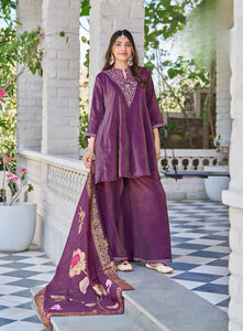 Ligero Heavy Shimmer bordado cuello trabajo 3 piezas de secado rápido Kurti con Plazo y Dupatta Set para ocasiones de fiesta - Product Image 5