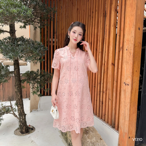 Soft and Comfortable Pink Floral Embroidered Maternity Dress No Fading V1310 - Product Image 5