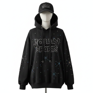 Women Oversize Hoodie Premium Cotton Polyester <b>Fleece</b> 320 GSM <b>Black</b> Rhinestone Hotfix Custom Logo basics Hoodie - Product Image 1