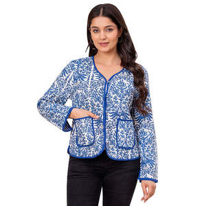 Blue Quilted <b>Jacket</b> Printed Design Autumn/Winter Leather Windbreaker for Ladies Custom Logo Short Length Polyester <b>Sequins</b> - Product Image 4