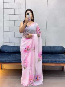 Sari impreso a mano floral tradicional de piel sintética suave con corte Dana Work para todos los eventos - Product Image 5