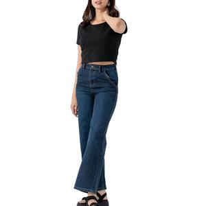 Jean en denim bleu foncé à jambe large pour femme, taille mi-haute, coupe droite, en coton, coupe régulière, imperméable, écologique, longueur complète - Product Image 3