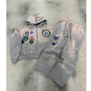 Ensemble de jogging à capuche zippé avec broderie en détresse et lavage à l'acide personnalisé survêtement respirant et lourd survêtement pantalon évasé - Product Image 5