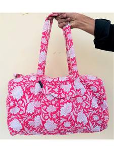 Bolsa de viaje acolchada de algodón con dos asas, diseño floral Kantha, bolsa de compras con cierre abierto - Product Image 3