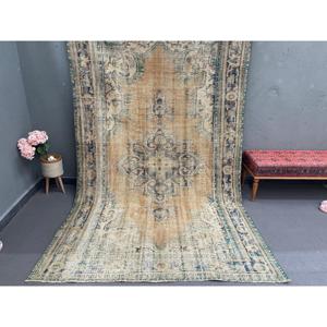 พรมวินเทจขนาดใหญ่ 6x9.8 ฟุต พรมตุรกี ลายต้นไม้และพืชสีน้ำเงิน พรมขนสัตว์ - Product Image 1