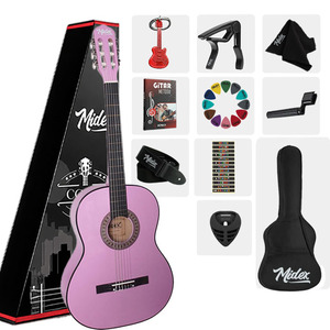 Guitare classique violette 4/4, ensemble complet avec tige de tension réglable, accordeur, sac, sangle, capo et médiators |   Midex CG-270PU - Product Image 1