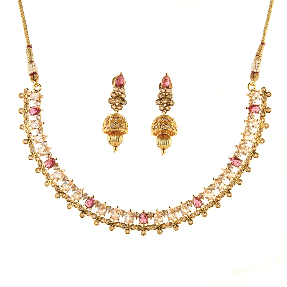 Antique Bollywood Style Delicate Necklace Set With Gold Plating 212730 Available At Reasonable Price