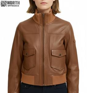 แจ็กเก็ตหนัง Nappa แกะหรูหราสำหรับผู้หญิงฤดูใบไม้ร่วงฤดูหนาวมีซิปกระเป๋าด้านหน้าระบายอากาศปรับแต่งได้ - Product Image 1