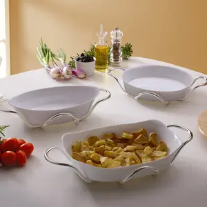 Modern round ceramic baking dish, Made in Italy with practical silver plated handles incorporated within the structure