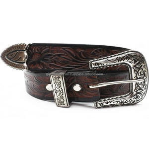 Holesale Supply-cinturón occidental de cuero genuino para hombre y mujer, accesorio de mano con hebilla floral chapada en níquel extraíble de 3 piezas - Product Image 1