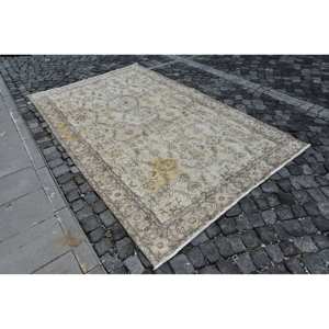 พรมตุรกีวินเทจขน9.2ft เบจสีน้ำตาลขนาด5.7 X ถักทอแบบแบนมีลวดลายปะติดสำหรับตกแต่งห้องนั่งเล่นหรือใช้ในห้องโถง - Product Image 2