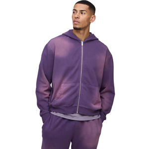 Conjunto Deportivo de Felpa Lavada Morada para Hombre con Sudadera con Capucha y Cremallera Suave y Pantalones Deportivos de Corte Holgado Estilo Vintage Desgastado para Invierno - Product Image 3