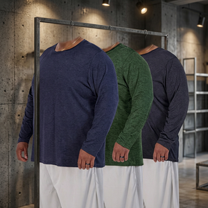 เสื้อยืดแขนยาวคอกลมผู้ชาย ไซส์ใหญ่ สีเขียวล้วน สไตล์ลำลอง แต่งลายปะติด - Product Image 5