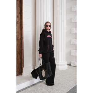 Ensemble de survêtement noir à capuche avec pantalon palazzo à jambes larges - Noir - Product Image 6