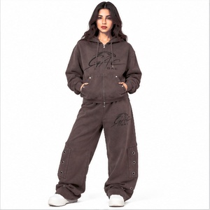 Conjunto de Sudadera con Capucha Negra Lavada y Pantalones Cargo de Pierna Ancha para Mujer, con Gráfico de Águila, Cierre con Cordón Frontal, 100% Algodón, Estilo Urbano - Product Image 1