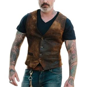 Gilet en cuir pur en détresse marron véritable en peau de mouton fait à la main col élégant fermeture éclair Slim-fit Biker Racer gilet en cuir - Product Image 1