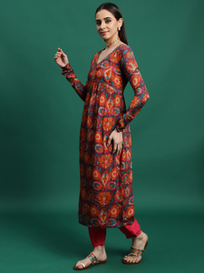Ensemble de robes d'été décontractées et élégantes pour femmes, longueur genou, col en V, manches longues, en tissu CREAP, Anarkali Kurta Pant Dupatta - Product Image 2