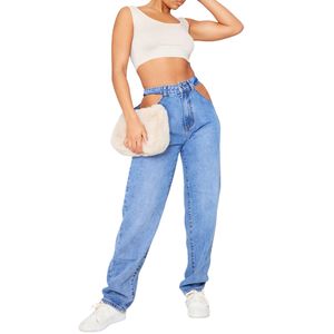 Jeans de Mezclilla Azul para Mujer, Corte Regular, Estilo Boyfriend, Pierna Recta, Tiro Medio, Casuales, a la Moda, Cómodos, con Borlas - Product Image 3