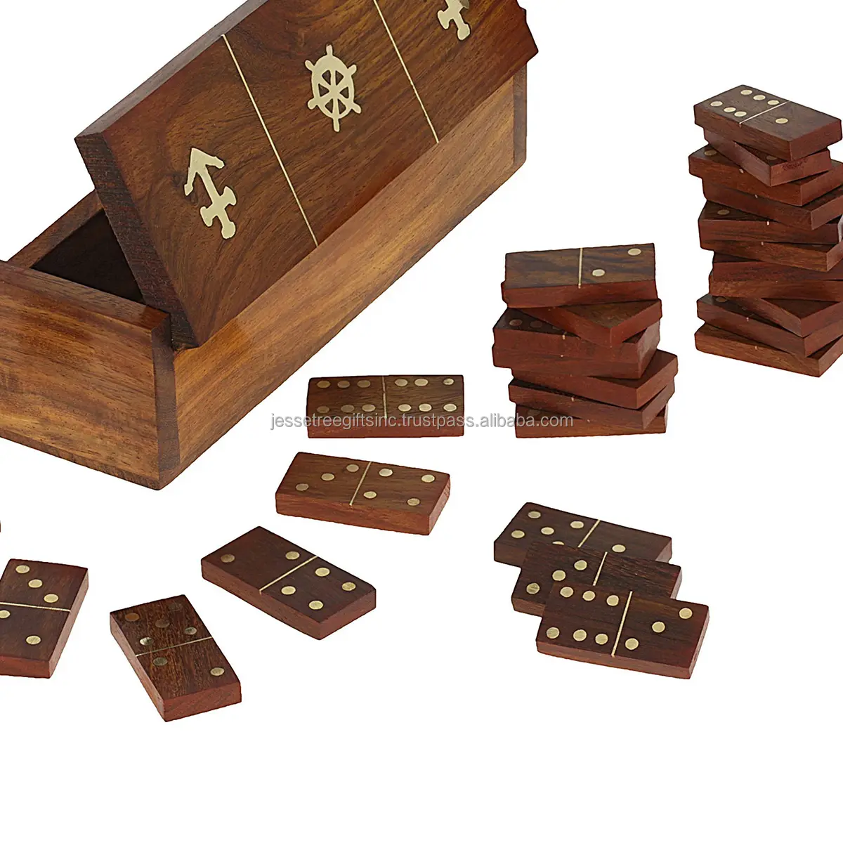 Brass Inlay Wooden Dominoes Set With Wooden Tiles And Brown Wooden Box Anchor Design Educational Game Set For Children