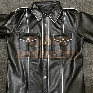 Uniforme en cuir pour homme Chemise en cuir de grande taille pour adulte en cuir d'agneau bleu élégant fait main écologique personnalisé - Product Image 2