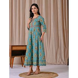 Vestido de Algodón Estampado Butta Block, Azul Marino, Largo hasta la Rodilla, Diseño Personalizado, Transpirable, Casual, Elegante, con Botones, Tallas XS, S, M, L, XL, 5XL, para el Día - Product Image 5