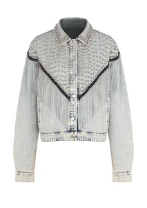 Veste en jean élégante pour les femmes en automne comprend une veste à franges en métal et un haut en denim ample Veste en jean personnalisée pour les femmes - Product Image 4