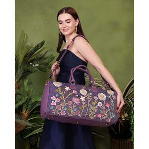 Embroidered Vegan Leather Travel <b>Duffel</b> <b>Bag</b> with Zipper Closure-Eco-Friendly 53x26x20cm Purple - Product Image 6