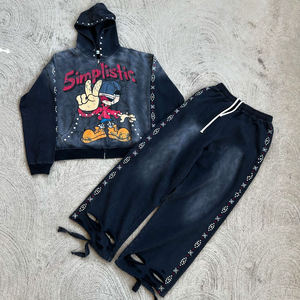 Expu Custom Manufacturer Acid Wash Ensemble de survêtements d'hiver pour hommes, survêtement avec capuche zippée et strass délavés au soleil - Product Image 4