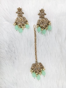 Pendientes de circón chapados en oro fino con piedra de sombra étnica india antigua tradicional, conjunto de joyería para mujer, boda, ocasión nupcial - Product Image 4