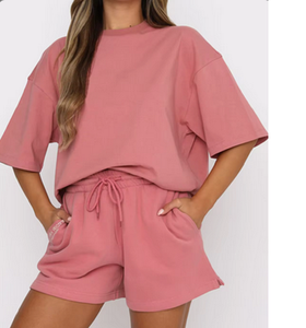 Conjuntos de pantalones cortos de verano personalizados para mujer, camiseta de manga corta de algodón 100%, pantalones cortos, conjunto de 2 piezas - Product Image 1