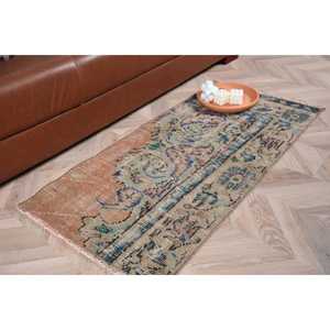 Alfombra Vintage, Pequeña Alfombra Turca de 2x4 pies, Alfombra de Lana con Bordes Azules y Marrones - Product Image 1