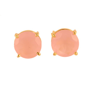 Pendiente de tuerca de Calcedonia Rosa facetado redondo de 10mm, hecho a mano, Juego de puntas chapadas en oro de 24k, joyería geométrica para mujer - Product Image 3