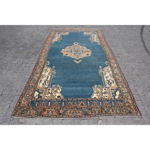 Alfombra Turca Vintage de 5.5x11.2 pies, Azul, de Lana con Reverso de Látex, Ecológica para el Hogar - Product Image 1