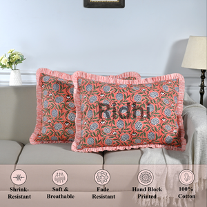 ปลอกหมอนอิงลายดอกไม้สไตล์ตะวันตก ขนาด 20x26 นิ้ว สีชมพูแซลมอนเข้ม แต่งระบาย  งานพิมพ์บล็อกด้วยมือ ผ้าฝ้าย สำหรับห้องนอน ของขวัญแต่งงาน - Product Image 5