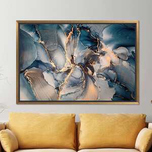 Impression sur toile d'art abstrait moderne en verre : décoration intérieure bleue et orange, toile encadrée dorée - Product Image 1