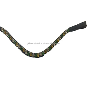 Accessoires de cheval de qualité supérieure en cuir pour sourcils de cheval avec 1 rangée de cristaux verts et clairs Mega Bling Brow Band toutes les tailles disponibles - Product Image 1