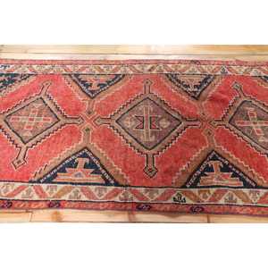 3.3x9.4 ft Rug, Turkish Vintage Rug, <b>Red</b> Blue Abstract <b>Wool</b> Rug - Product Image 3