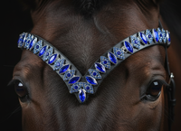 Bandeau de luxe en cristal bleu pour chevaux, élégant design ondulé, accessoire de bride en cuir pour concours équestres